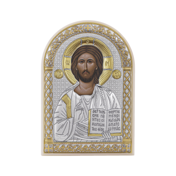 Икона Спаситель, белая пластмассовая рамка , посеребренная, с позолотой, PL-2/001G/B