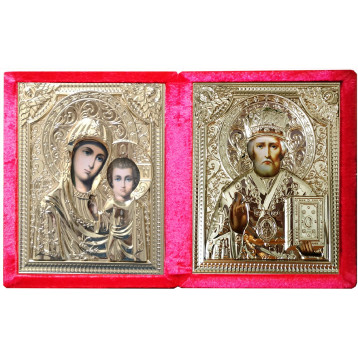 Бархатный складень, глухой лик 15х18 Казанская БМ и Николай Чудотворец в ризе, арт. Б-371-ГЛ-К